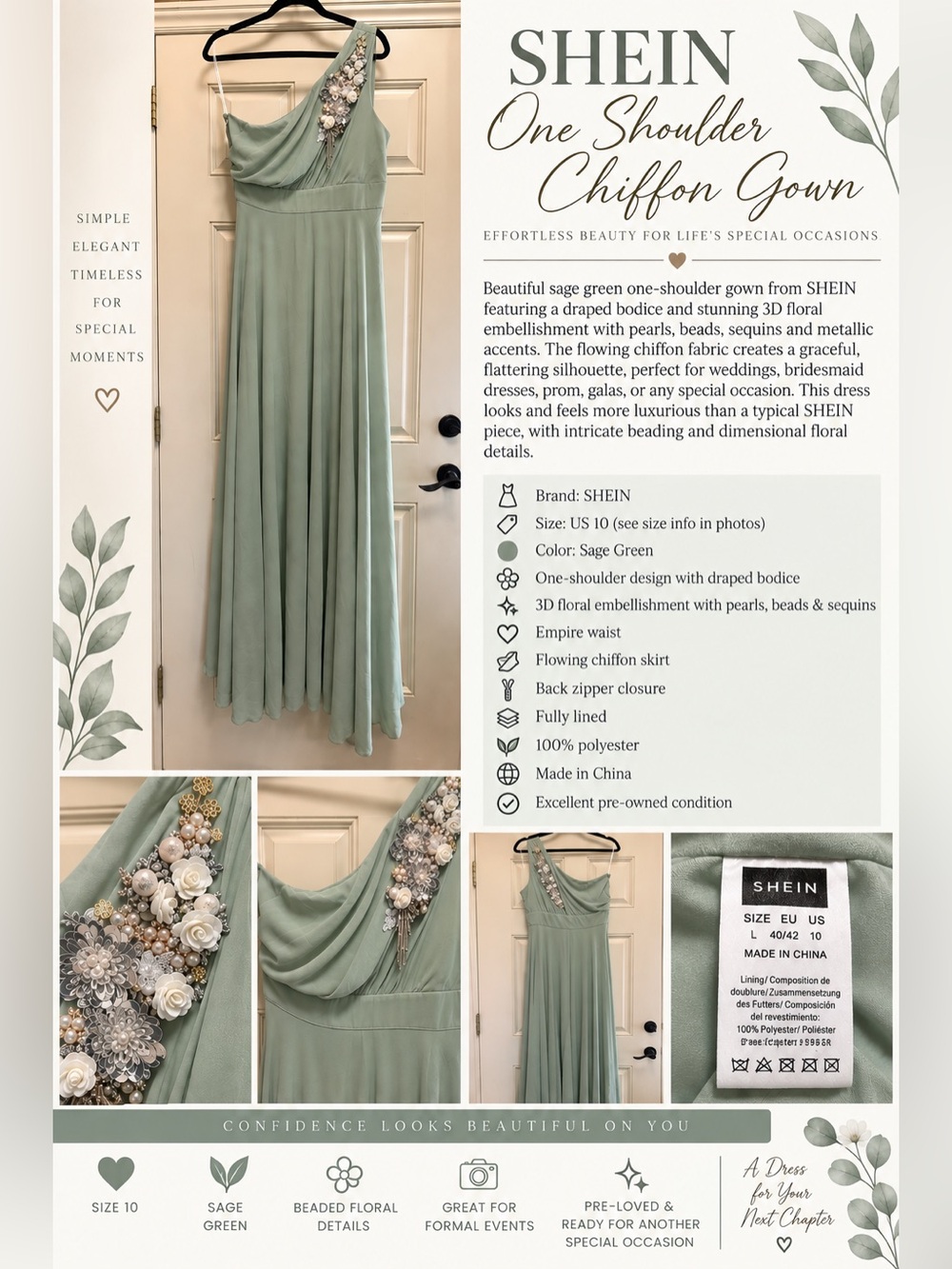 SHEIN Sage Green One-Shoulder Chiffon Gown with 3D Floral Embellishments